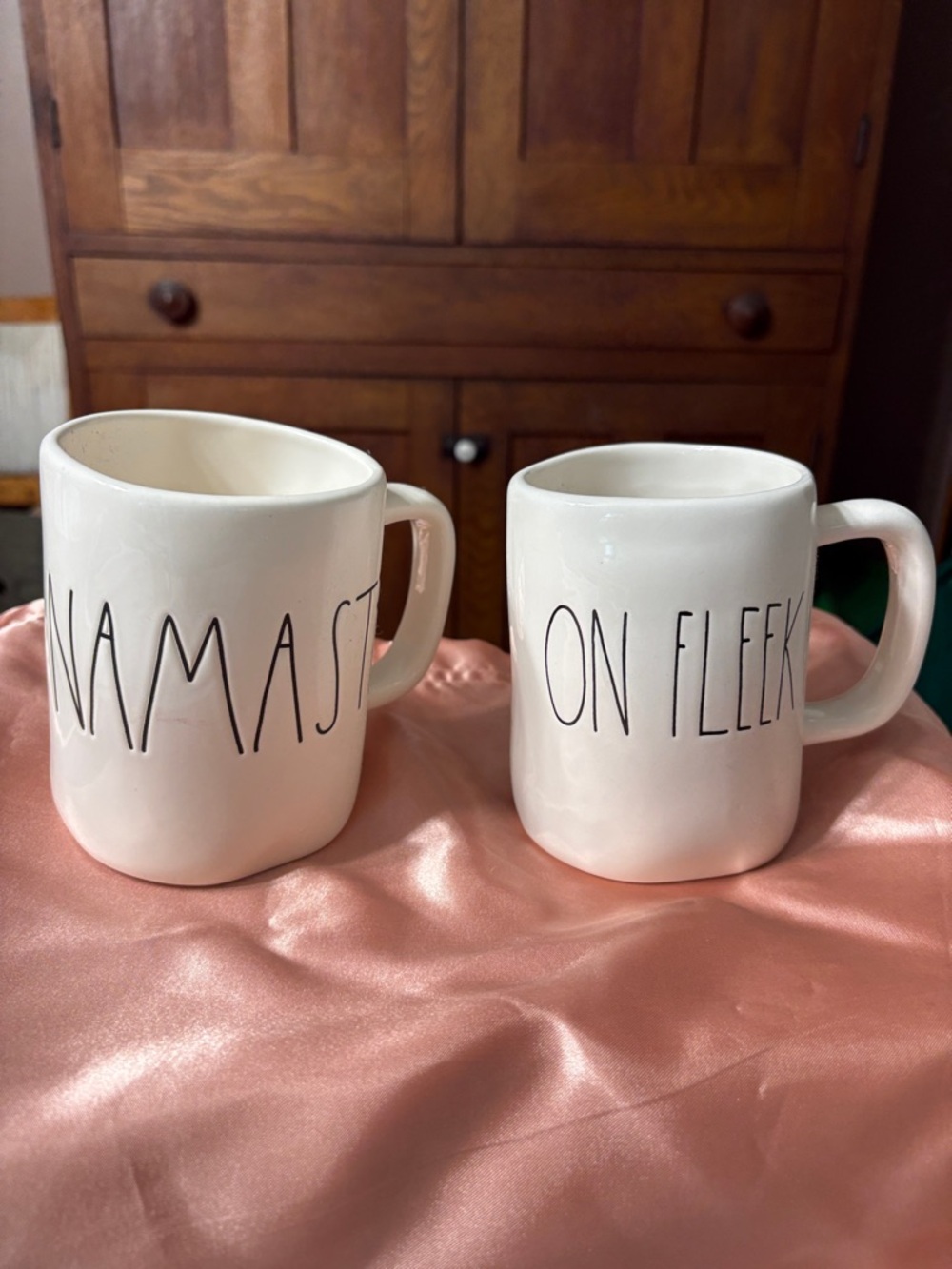 Rae Dunn White Ceramic Mug Pair - 'Namaste' & 'On Fleek' - Picture 1 of 6